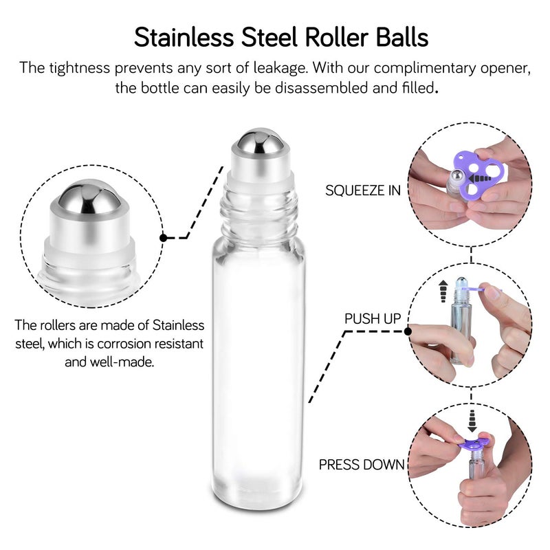PrettyCare Essential Oil Roller Bottles 10ml ( Clear Glass Bottle with Bamboo Lid, 12 Pack, 2 Extra Stainless Steel Balls, 24 Labels, 1 Opener, 1 Funnel, 2 Droppers ) Roller Balls for Oils, Roller on Bottles - Image 3